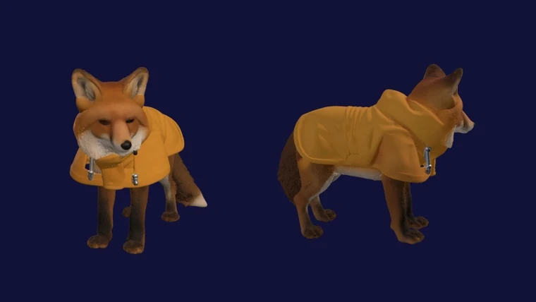 Two rendered views of the reconstructed textured fox mesh.
