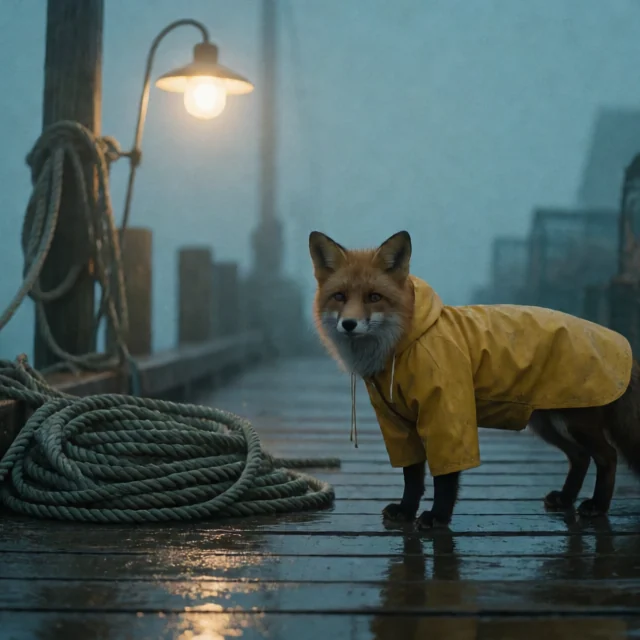 Generated source plate: a red fox in a yellow raincoat on a foggy wharf.