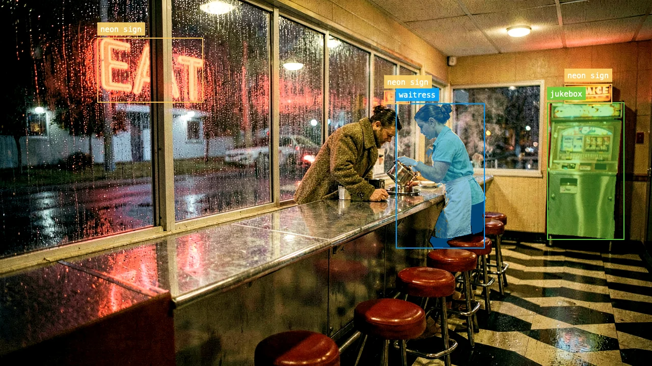 Generated diner scene with Falcon Perception detection and segmentation overlays.