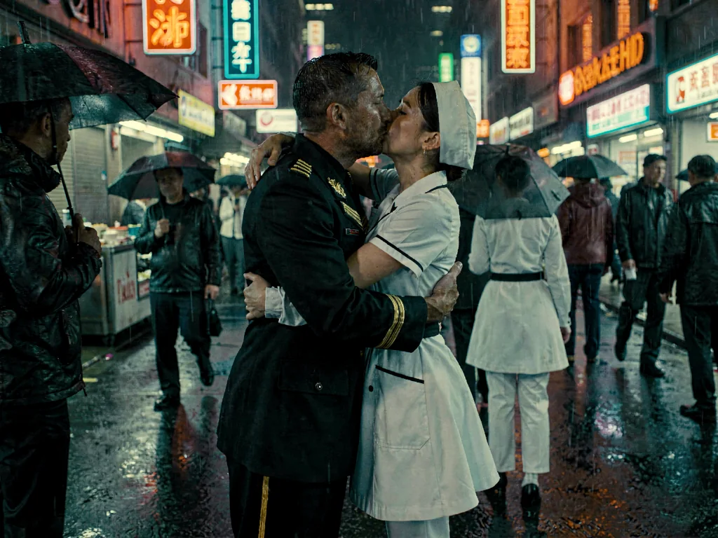 Klein LoRA image-to-image output named Blade Runner Rain, a sailor and nurse kissing in a crowded neon rain street with clean anatomy and reflective pavement.