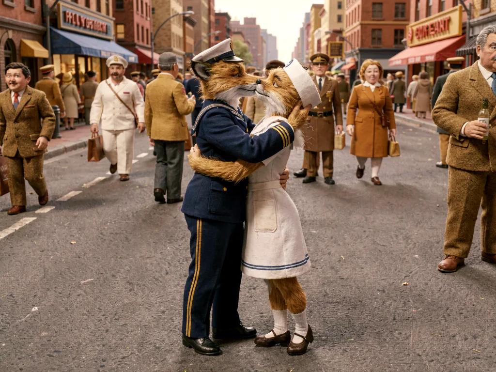 Klein LoRA image-to-image output named Brass Parade, a sailor and nurse kissing on a warm illustrated city street with storybook uniforms.