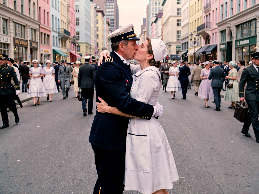 Klein LoRA image-to-image output named Candy Avenue, a sailor and nurse kissing on a polished city avenue with pastel storefronts.