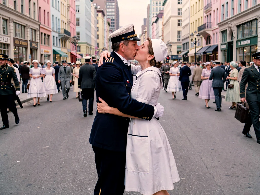 Klein LoRA image-to-image output named Candy Avenue, a sailor and nurse kissing on a polished city avenue with pastel storefronts.