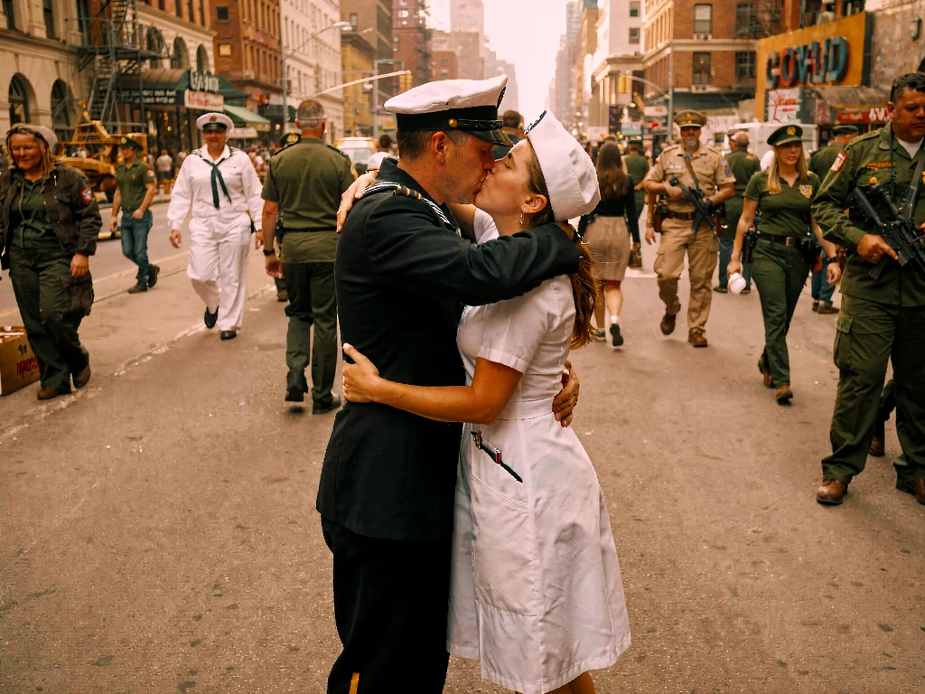 Klein LoRA image-to-image output named Dust Siren, a sailor and nurse kissing in a sun-baked street with cinematic dust and uniforms.
