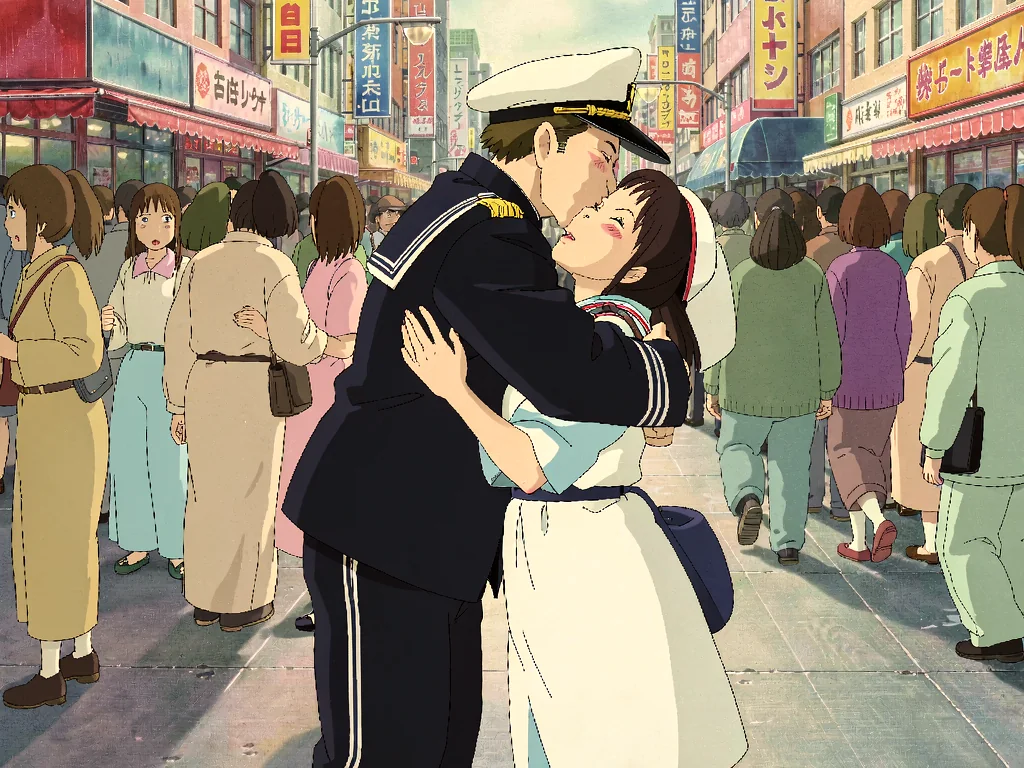 Klein LoRA image-to-image output named Lantern Lane, a sailor and nurse kissing on a bright illustrated street with lantern-like signage.