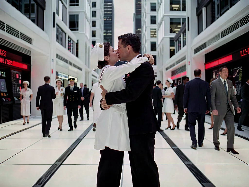 Klein LoRA image-to-image output named Monolith Promenade, a sailor and nurse kissing in a stark white futuristic corridor with red machine-light accents.