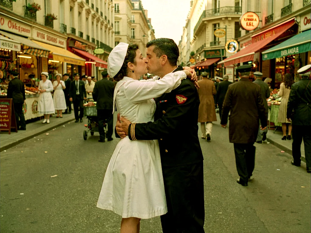 Klein LoRA image-to-image output named Montmartre Honey, a sailor and nurse kissing on a warm Paris market street with green and red storefronts.