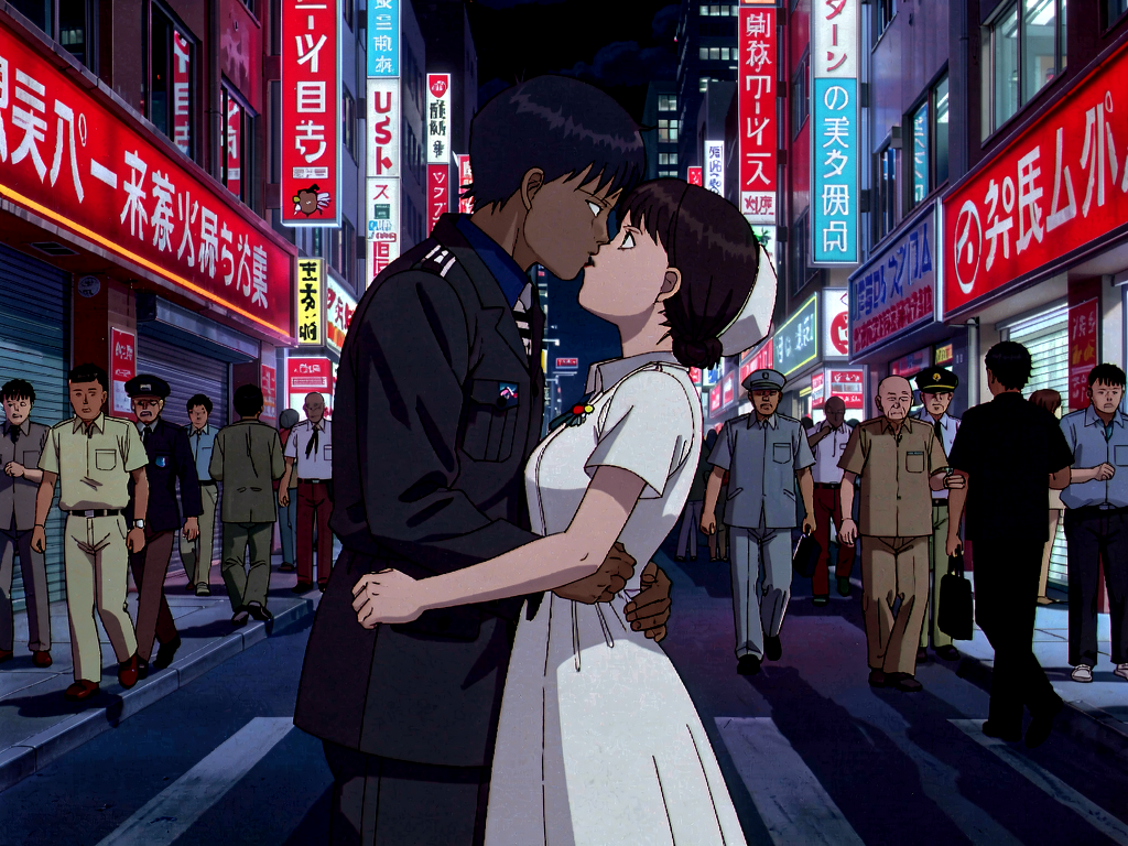 Klein LoRA image-to-image output named Neon Ink, a sailor and nurse kissing on a bright neon city street in an illustrated style.