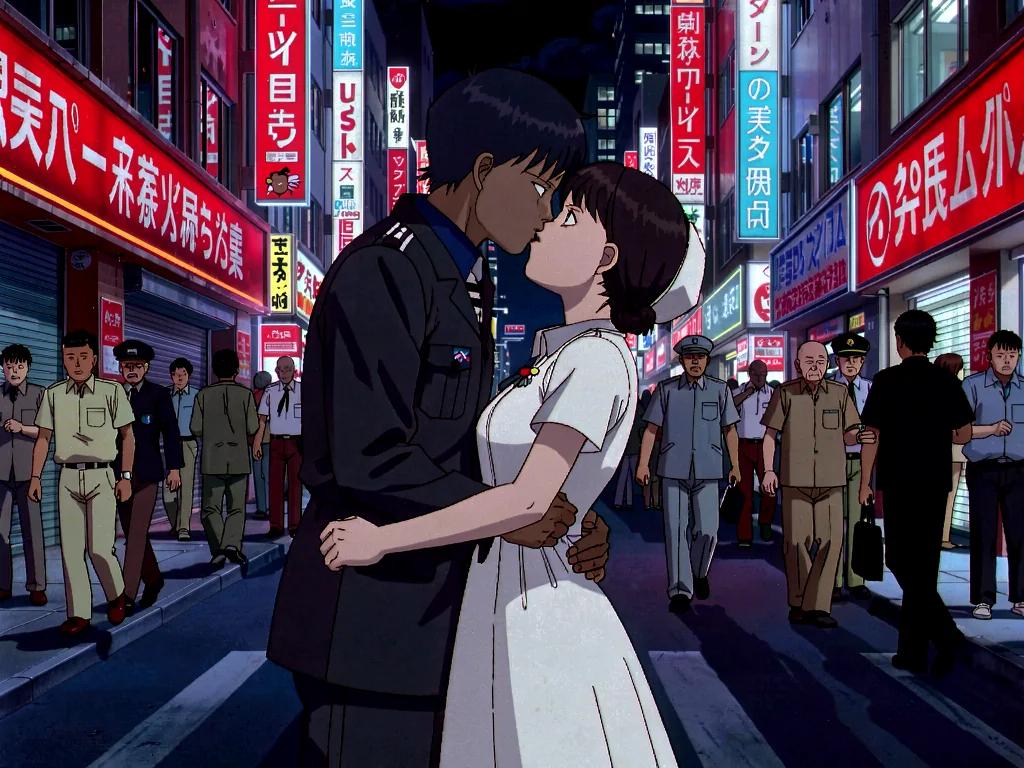 Klein LoRA image-to-image output named Neon Ink, a sailor and nurse kissing on a bright neon city street in an illustrated style.