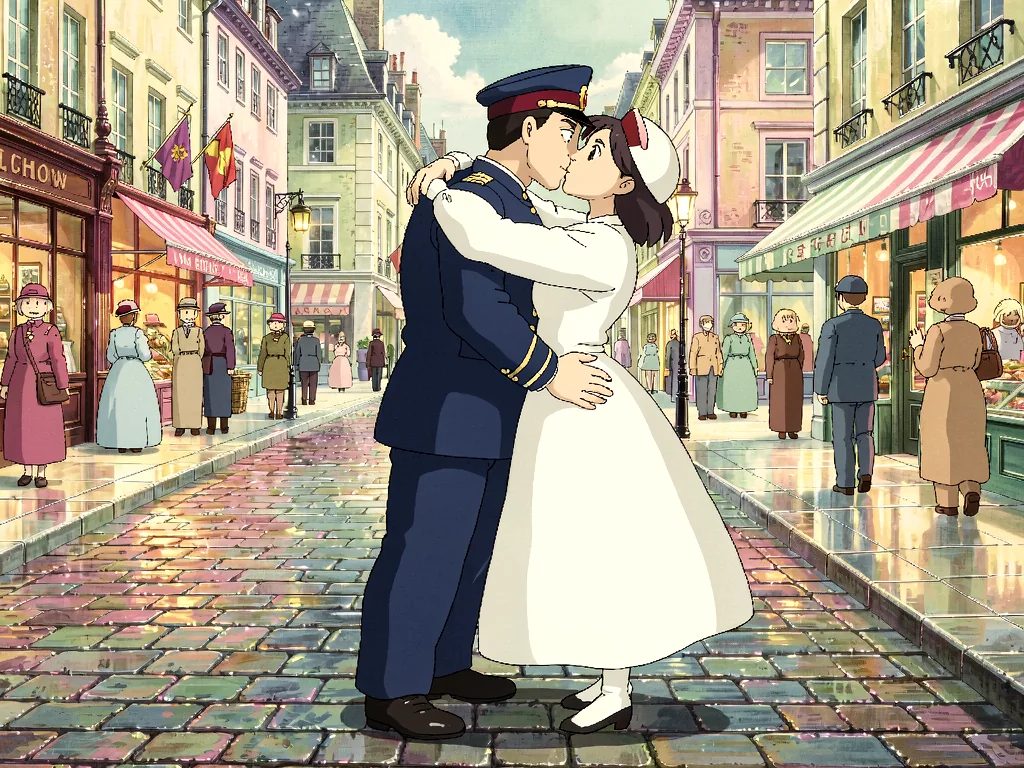 Klein LoRA image-to-image output named Pastel Market, a sailor and nurse kissing on a soft painted market street with rain-washed color.