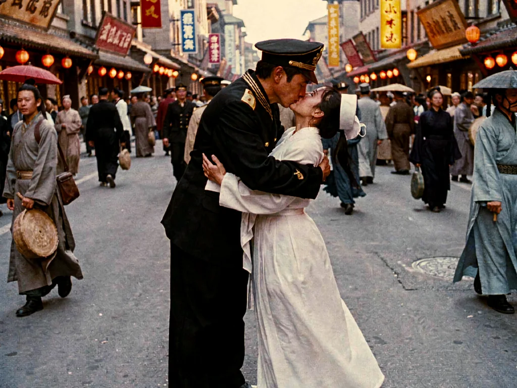 Klein LoRA image-to-image output named Umbrella Gold, a sailor and nurse kissing in a crowded street with golden midcentury tones.