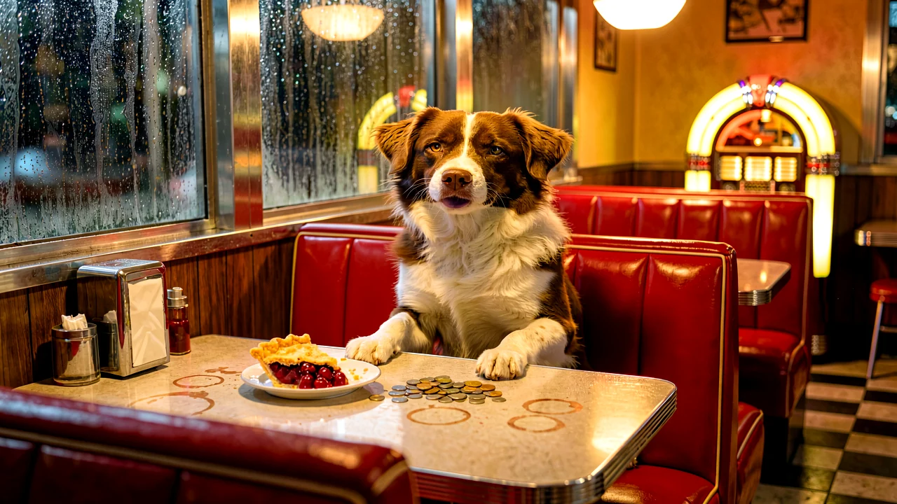 Klein 9B generated diner scene using a Krea diner reference and a dog reference, showing the dog seated alone in a rainy 1950s booth.