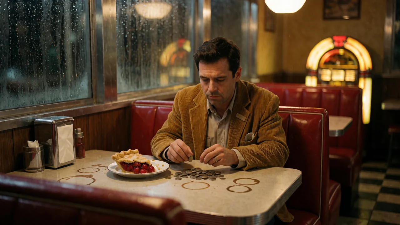 Krea 2 Turbo baseline showing a human night manager counting coins in a rainy 1950s diner booth.