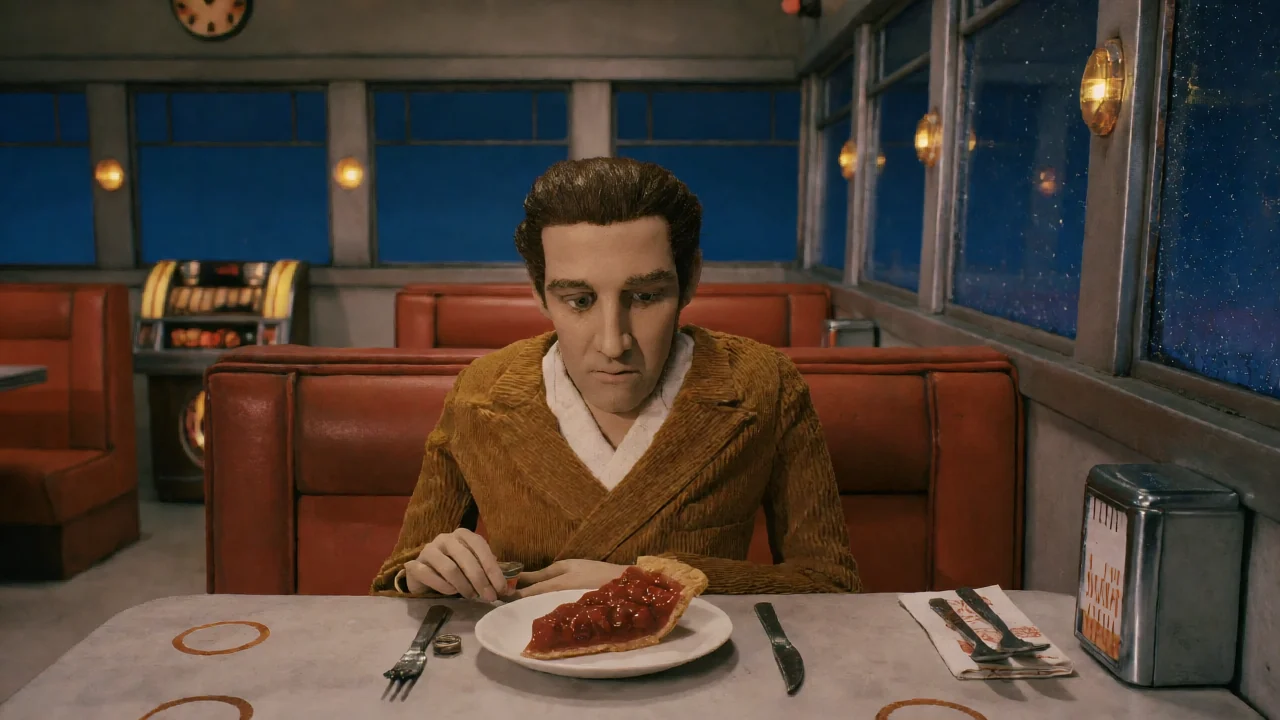 Krea 2 Turbo with a custom LoRA applied, shifting the diner booth scene toward stop-motion puppet texture.