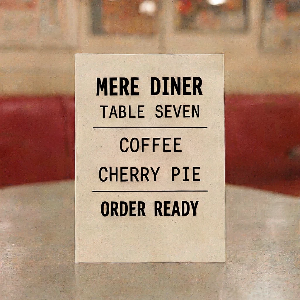 Ideogram generated diner order ticket reading MERE DINER, TABLE SEVEN, COFFEE, CHERRY PIE, ORDER READY.