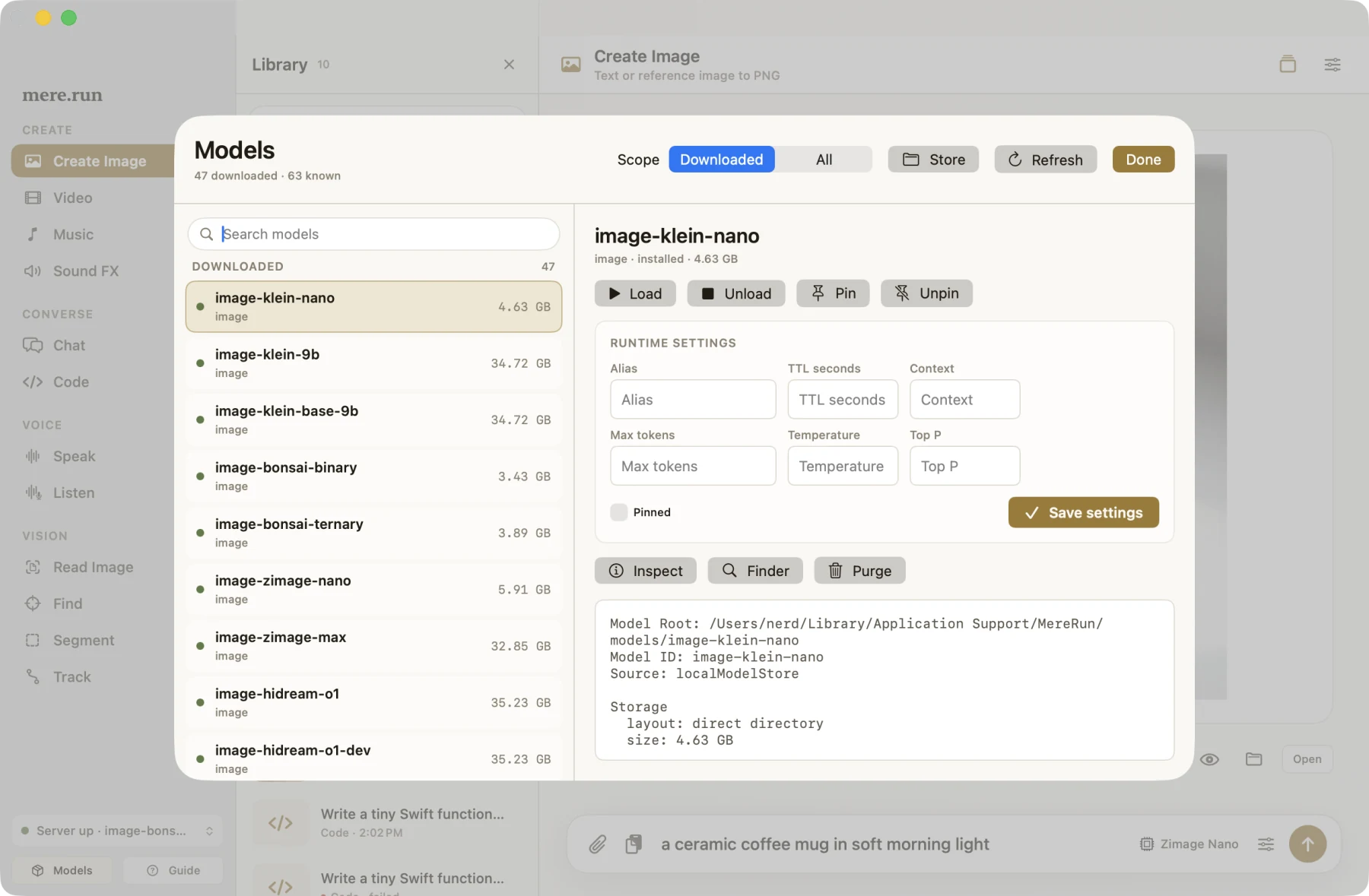MereRun Studio on macOS: the Models sheet listing installed models with sizes and readiness, runtime settings with TTL and pinning, and the create sidebar navigation.