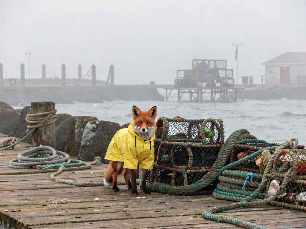 Base Klein 9B render of a fox in a raincoat on a wharf: photographic.