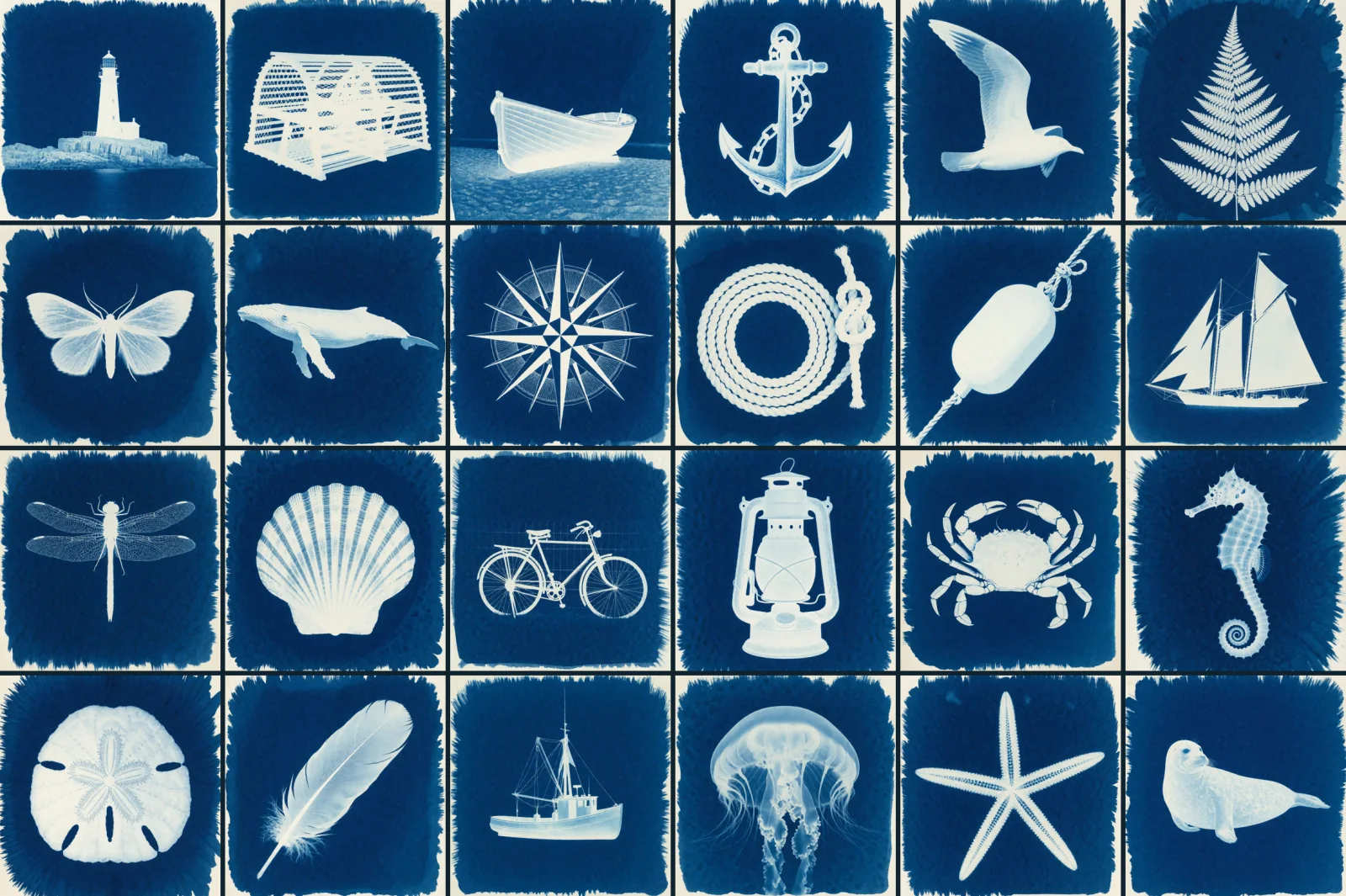 Contact sheet of the 24 cyanotype training images: maritime subjects printed white on Prussian blue.