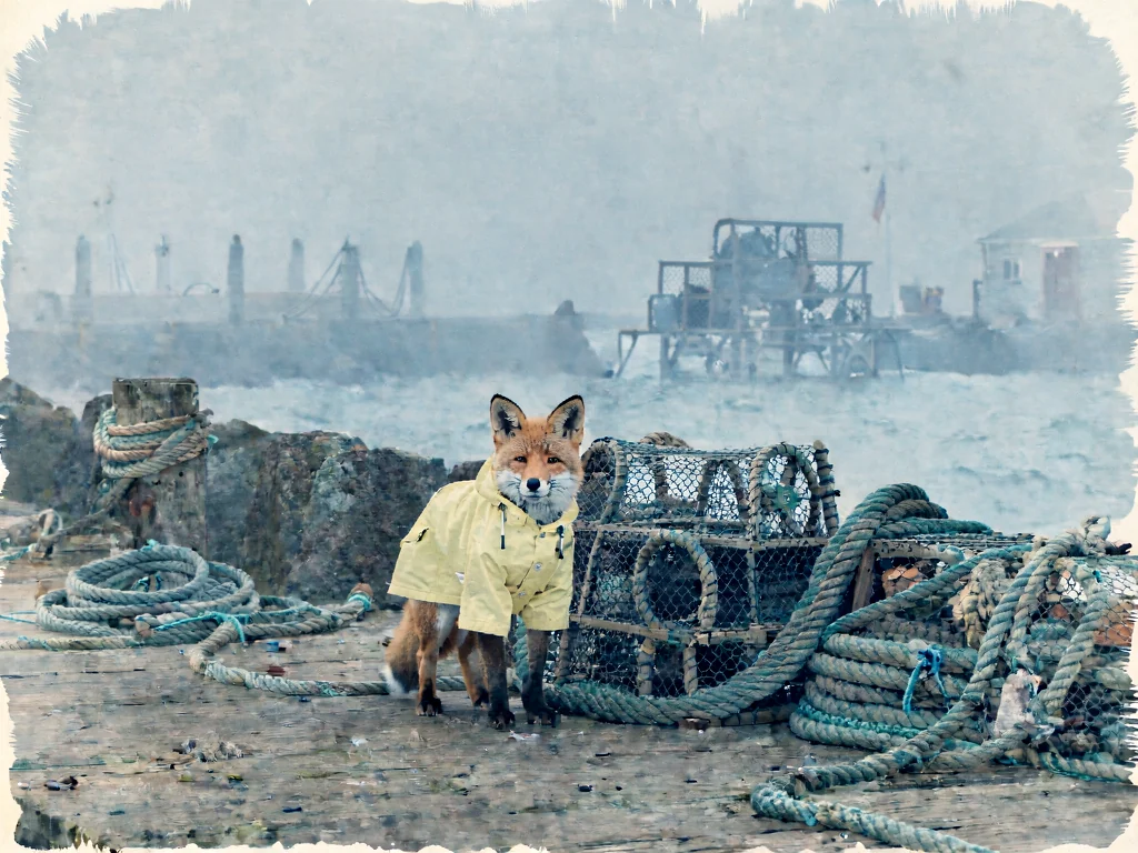 The same wharf image restyled through the trained cyanotype adapter: paper border, Prussian wash, identical composition.